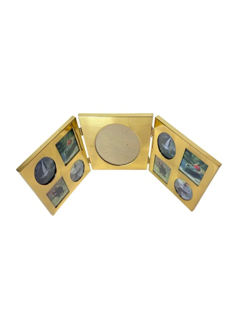 Vintage Tri Fold Picture Frame Gold Tone 80s Oval Folding Multi Photo Display